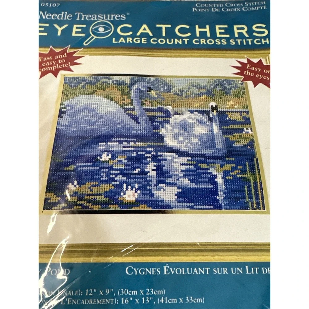 Needle Treasure Cross Stitch Kit Swans Lily Pond 05107 Blue White  Large Count